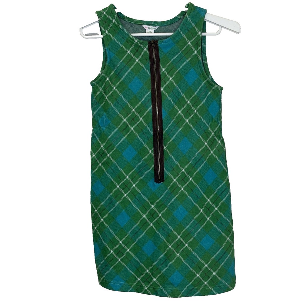 KC Parker Girls Dress Size 10 Green Plaid Sleeveless 1/2 Zip A-Line Cotton Blend